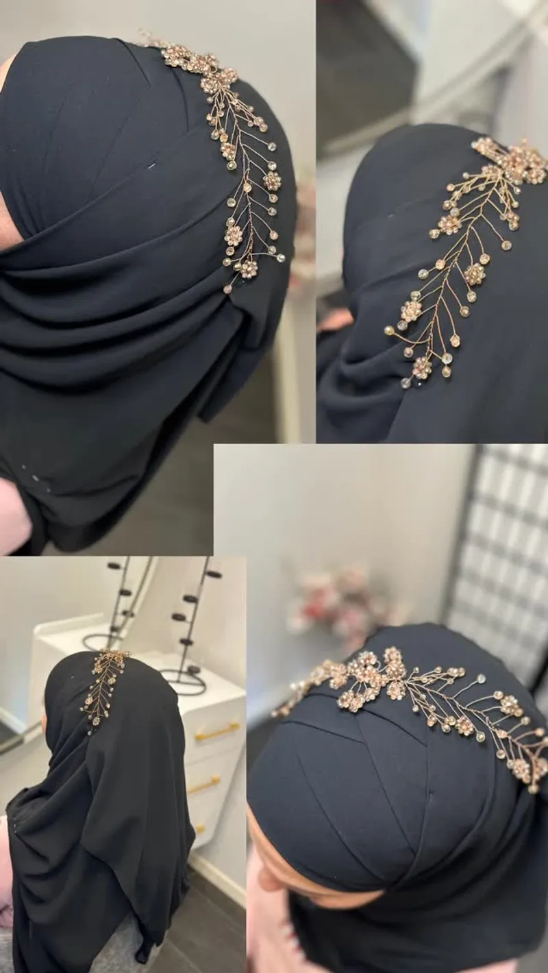 Hijab-Brautstyling mit Rosegold-Haarschmuck aus verschiedenen Perspektiven