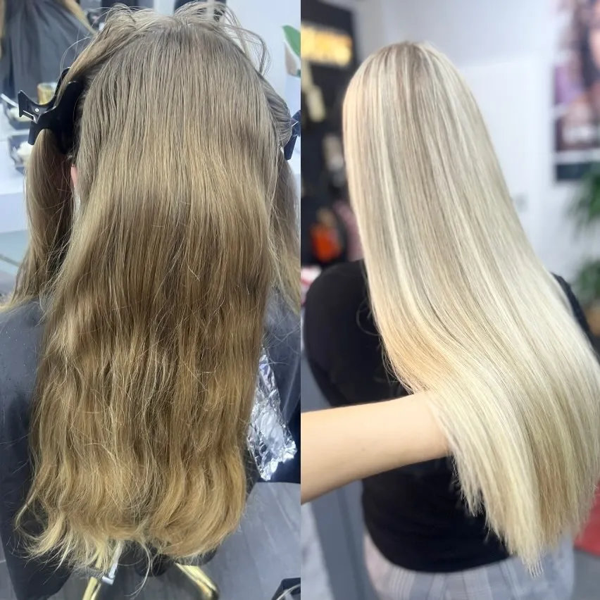 Vorher-Nachher: Blond lang mit Glättung