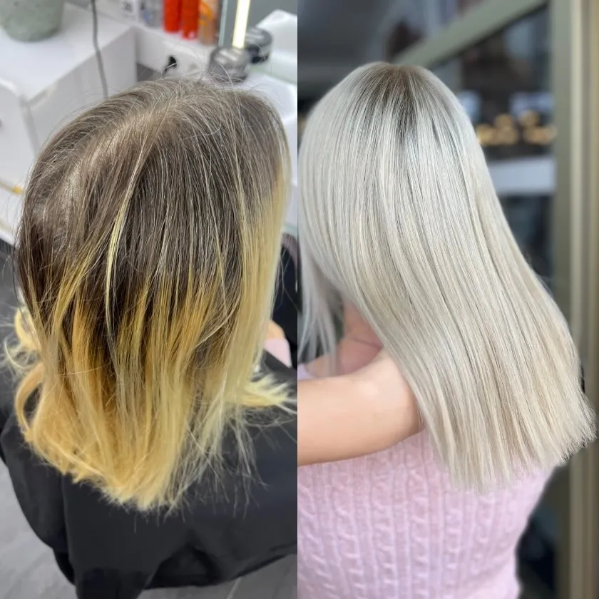 Vorher-Nachher: Platinblond mit Glättung
